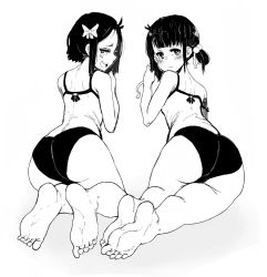 Rule 34 | 2girls, artist request, ass, barefoot, blush, feet, hair bow, looking at viewer, looking back, matching outfits, monochrome, multiple girls, open mouth, short hair, short twintails, soles, strap slip, toes, twintails