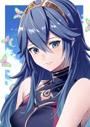 Rule 34 | 1girl, ameno (a meno0), blue eyes, blue hair, blue one-piece swimsuit, blue sky, blush, border, bug, butterfly, closed mouth, cloud, commentary request, fire emblem, fire emblem awakening, fire emblem cipher, hair between eyes, insect, lips, long hair, looking at viewer, lucina (fire emblem), nintendo, official alternate costume, one-piece swimsuit, outside border, pink butterfly, pink lips, sky, smile, solo, swimsuit, tiara, wet, white border