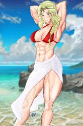Rule 34 | 1girl, abs, bikini, bikini top only, breasts, commission, fire emblem, fire emblem heroes, green hair, grey eyes, highres, large breasts, mole, mole on breast, mole under eye, muscular, muscular female, nintendo, nott (fire emblem), pablo150898, sarong, solo, swimsuit, tagme