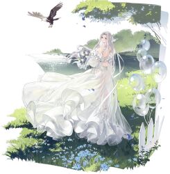 Rule 34 | 1girl, ass, azur lane, back, backless dress, backless outfit, balloon, bare shoulders, bird, blue eyes, blue flower, blue sky, bouquet, breasts, bride, butt crack, closed mouth, detached sleeves, dress, eagle, flower, frilled dress, frills, from behind, full body, grass, grey hair, hair ornament, highres, holding, holding bouquet, kurumi (recycllamo), large breasts, logo, long dress, long hair, looking at viewer, looking back, official alternate costume, official art, outdoors, parted bangs, petals, river, see-through, see-through dress, sideboob, sidelocks, sky, smile, solo, standing, strapless, strapless dress, thighs, transparent background, tree, very long hair, water, wedding dress, white dress, white flower, yorktown (azur lane), yorktown (towards tomorrow&#039;s brilliant breeze) (azur lane), yorktown ii (azur lane)