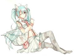 Rule 34 | 1girl, animal ears, bad id, bad pixiv id, detached sleeves, hatsune miku, hibiya, long hair, navel, necktie, one eye closed, simple background, sitting, skirt, solo, thighhighs, twintails, very long hair, vocaloid, white background, wink