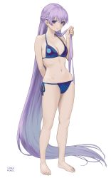 Rule 34 | 1girl, absurdly long hair, absurdres, arm behind back, bare arms, bare shoulders, bikini, blue bikini, blush, braid, breasts, carlo montie, cleavage, collarbone, commission, commissioner upload, embarrassed, female focus, fire emblem, fire emblem: the binding blade, full body, halterneck, highres, legs, long hair, looking at viewer, medium breasts, midriff, navel, nintendo, purple eyes, purple hair, signature, simple background, solo, sophia (fire emblem), stomach, string bikini, swimsuit, thighs, very long hair