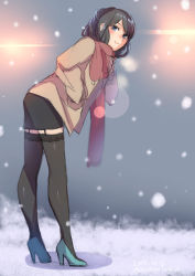 Rule 34 | 1girl, 2015, bad id, bad pixiv id, black hair, black thighhighs, blue eyes, blush, dated, full body, garter straps, hands in pockets, high heels, highres, kyuuso inukami, legs, looking at viewer, original, pencil skirt, scarf, skirt, smile, snowing, solo, thighhighs, twitter username