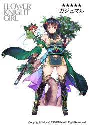 Rule 34 | 1girl, black gloves, black hair, black panties, black thighhighs, boots, breasts, character name, cleavage, copyright name, detached sleeves, fairy, flower knight girl, full body, gajumaru (flower knight girl), gloves, gold trim, green footwear, hair ornament, holding, holding weapon, jitome, legs apart, matanonki, multicolored hair, name connection, object namesake, official art, panties, red eyes, red hair, short hair, short hair with long locks, side-tie panties, simple background, solo, standing, streaked hair, thighhighs, tonfa, two-tone hair, underwear, weapon, white background