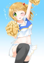 Rule 34 | 1girl, ;d, absurdres, ahoge, arm up, armpits, asakawa-san (8107ka), bare shoulders, black thighhighs, blonde hair, blue background, blush, breasts, cheering, cheerleader, cleavage, collarbone, commentary request, cowboy shot, crop top, green eyes, hair bobbles, hair ornament, highres, holding, holding pom poms, looking at viewer, medium breasts, midriff, navel, one eye closed, one side up, open mouth, original, pom pom (cheerleading), pom poms, redrawn, shirt, sidelocks, simple background, skindentation, skirt, smile, solo, standing, standing on one leg, sweat, thighhighs, translation request, twitter username, two-tone shirt, white shirt, white skirt, wing collar, zettai ryouiki