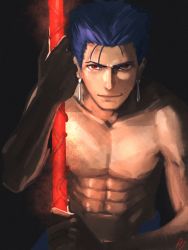 Rule 34 | 1boy, amino (tn7135), blue hair, cu chulainn (fate), cu chulainn (caster) (fate), earrings, fate/stay night, fate (series), gae bolg (fate), jewelry, cu chulainn (fate/stay night), looking at viewer, male focus, red eyes, topless male, short hair, smile, solo, staff