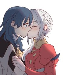 Rule 34 | 2girls, blue eyes, blue hair, blush, buttons, byleth (female) (fire emblem), byleth (fire emblem), closed eyes, clothes grab, collar, commentary request, dress, edelgard von hresvelg, fire emblem, fire emblem: three houses, from side, hair between eyes, kiss, long hair, long sleeves, looking at another, multiple girls, nintendo, puffy long sleeves, puffy sleeves, red dress, riromomo, short sleeves, simple background, upper body, white background, white hair, yuri