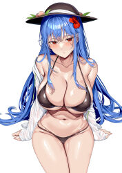 Rule 34 | 1girl, absurdres, bikini, black bikini, black headwear, blue hair, breasts, cameltoe, cleavage, closed mouth, flower, food, fruit, groin, hair flower, hair ornament, highres, hinanawi tenshi, large breasts, leaf, long hair, looking at viewer, navel, neropaso, peach, red eyes, red flower, shiny skin, simple background, solo, swimsuit, touhou, white background