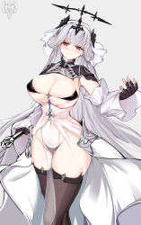 Rule 34 | 1girl, absurdres, areola slip, azur lane, black bra, black gloves, black thighhighs, black tiara, blush, bra, breasts, dress, fingerless gloves, gloves, grey background, grey hair, highres, holding, holding sword, holding weapon, large breasts, long hair, looking at viewer, marseillaise (azur lane), navel, oshiokitime, parted lips, pelvic curtain, red eyes, revealing clothes, simple background, solo, sword, thighhighs, underwear, vichya dominion (emblem), weapon, white dress, white hair, wide hips