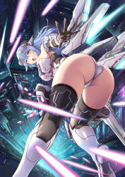 Rule 34 | 1girl, ;o, absurdres, armored boots, artery gear, artery gear: fusion, ass, beam, between breasts, black gloves, black thighhighs, blue eyes, blue hair, boots, breasts, building, city, clothing cutout, elbow gloves, falling, fish.boy, from above, gloves, hair between eyes, headgear, highres, kneepits, large breasts, laser, leotard, long hair, looking at viewer, looking back, mecha musume, mechanical wings, navel cutout, one eye closed, revealing clothes, science fiction, solo, thighhighs, thighs, thong leotard, thrusters, white footwear, white leotard, wings