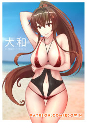 Rule 34 | 10s, 1girl, arm behind head, beach, bikini, blue sky, blurry, blurry background, blush, breast rest, breasts, brown eyes, brown hair, character name, cloud, collarbone, covered erect nipples, cowboy shot, day, edwin (cyberdark impacts), flower, hair flower, hair ornament, horizon, kantai collection, kantai collection (anime), large breasts, long hair, looking at viewer, navel, ocean, patreon, patreon username, ponytail, red bikini, short hair, sky, slingshot swimsuit, smile, solo, swimsuit, thighs, very long hair, watermark, web address, wide hips, yamato (kancolle)