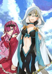 Rule 34 | 2girls, baobhan sith (fate), baobhan sith (first ascension) (fate), blue choker, blue eyes, blush, breasts, cape, choker, clothing cutout, commentary request, cosplay, dress, fate/grand order, fate (series), gray (fate), grey hair, hair ornament, highres, holding hands, hood, hooded cape, looking at viewer, medium breasts, morgan le fay (fate), morgan le fay (fate) (cosplay), multiple girls, nail polish, navel, navel cutout, nemugiko, pointy ears, purple eyes, purple hair, red dress, red nails, short hair, smile, white cape, white hood