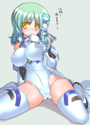 Rule 34 | 1girl, a-walk, adapted costume, alternate costume, arm support, ayanami rei, ayanami rei (cosplay), bare shoulders, bodysuit, boots, bracer, breasts, cameltoe, colored eyelashes, cosplay, covered erect nipples, crossover, detached sleeves, frog hair ornament, frown, fujishima-sei ichi-gou, gloves, green hair, grey background, groin, hair ornament, hair tubes, halterneck, hand to own mouth, highleg, highleg leotard, highres, impossible clothes, impossible leotard, impossible shirt, kochiya sanae, large breasts, leaning, leotard, long hair, looking at viewer, neon genesis evangelion, pilot suit, plugsuit, shadow, shirt, sidelocks, simple background, sitting, skin tight, snake hair ornament, solo, spread legs, thigh boots, thighhighs, touhou, translated, turtleneck, wariza, wavy mouth, white footwear, white thighhighs, yellow eyes