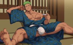 Rule 34 | 1boy, abs, armpits, bara, bare pectorals, bulge, covered penis, cup, earrings, english text, feet, feet out of frame, fundoshi, green hair, highres, japanese clothes, jewelry, kimakkun, kimono, large bulge, large pectorals, long sideburns, looking at viewer, male focus, mature male, muscular, muscular male, nipples, one eye closed, one piece, open clothes, open kimono, paid reward available, pectorals, roronoa zoro, sakazuki, scar, scar across eye, scar on chest, seductive smile, short hair, sideburns, smile, soles, solo, speech bubble, spread legs, stitches, stomach, textless version, thighs
