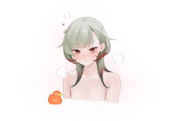 Rule 34 | 1girl, azur lane, bath, blush, character request, giuseppe garibaldi (azur lane), gradient hair, green hair, highres, looking at viewer, multicolored hair, nude, ohisashiburi, partially submerged, red eyes, rubber duck, simple background, solo, steam, white background