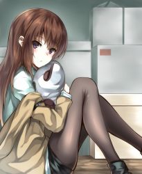 Rule 34 | 1girl, absurdres, black pantyhose, blush, boots, brown hair, commentary request, eyes visible through hair, from side, grey eyes, hair between eyes, highres, hug, jacket, long hair, long sleeves, looking at viewer, makise kurisu, hugging object, off shoulder, pantyhose, parted lips, shinki (user srrn2727), shorts, sidelocks, sitting, solo, steins;gate