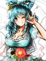 Rule 34 | 1girl, :q, ;q, \m/, bad id, bad pixiv id, blue eyes, blue hair, breasts, cleavage, commentary request, dress, drill hair, eyelashes, flower, hair ornament, hair rings, hair stick, kaku seiga, large breasts, long hair, looking at viewer, matching hair/eyes, one eye closed, petals, porupu, ribbon, sash, shawl, short sleeves, simple background, sketch, smile, solo, taut clothes, taut dress, tongue, tongue out, touhou, twin drills