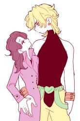 Rule 34 | 1boy, 1girl, blonde hair, bracelet, coat, crotchless, crotchless pants, dio brando, earrings, giorno&#039;s mother, height difference, hetero, hug, jewelry, jojo no kimyou na bouken, long hair, long sleeves, pants, pomepom285685, smile, yellow pants