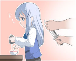 Rule 34 | 1boy, 1girl, apron, bad id, bad pixiv id, black skirt, blue apron, blue bow, blue eyes, blue hair, bow, closed mouth, cup, gochuumon wa usagi desu ka?, gradient background, hair ornament, highres, holding, holding jug, holding knife, imminent death, kafuu chino, knife, light blue hair, milk, minato nao, musical note, out of frame, outline, peril, profile, rabbit house uniform, raised eyebrows, simple background, size difference, skirt, smile, stirring, stirring rod, teacup, translation request, translucent hair, whistling, white outline, x hair ornament