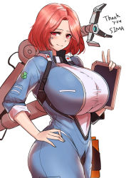 Rule 34 | 1girl, absurdres, blush, bodysuit, breasts, chest strap, cho!cho!, commentary, english commentary, english text, fortune (last origin), highres, huge breasts, last origin, looking at viewer, red eyes, red hair, short hair, simple background, solo, tablet pc, thighs, v, white background