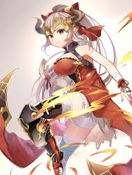Rule 34 | 1girl, aliza (granblue fantasy), armored boots, boots, bow, breasts, cleavage, draph, dress, fingerless gloves, gloves, granblue fantasy, hair bow, highres, horns, large breasts, leg up, long hair, looking at viewer, panties, pointy ears, ponytail, red dress, red eyes, shibainu, short shorts, shorts, silver hair, smile, solo, thigh boots, thighhighs, underwear, very long hair, white panties, white thighhighs