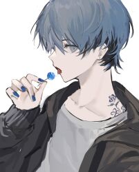 Rule 34 | 1boy, black jacket, blue nails, candy, character request, copyright request, ear piercing, flower tattoo, food, grey eyes, grey hair, hand up, highres, holding, holding candy, holding food, holding lollipop, jacket, lollipop, long sleeves, male focus, nokoru sora, open clothes, open jacket, piercing, shirt, solo, tattoo, white shirt