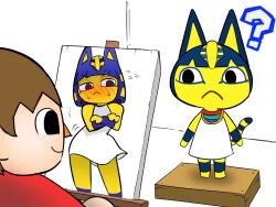 1boy 1girl ancient_egyptian ancient_egyptian_clothes animal_crossing animal_ears ankha_(animal_crossing) bare_shoulders barefoot black_eyes blue_hair blunt_bangs blush bob_cut body_fur brown_hair canvas_(object) cat_ears cat_girl closed_mouth crossed_arms dress easel eyelashes eyeliner flat_chest highres indoors makeup modeling nakineiriko_(dafdafson) nintendo question_mark red_shirt shirt sleeveless sleeveless_dress standing standing_on_box striped_tail sweat tail tail_raised villager_(animal_crossing) white_dress yellow_fur