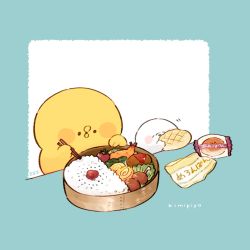 Rule 34 | 2others, aqua background, bento, bird, blue background, blush stickers, bread, character name, cherry tomato, chick, chicken, chopsticks, closed eyes, daifuku (tenmiyakiyo), egg (food), english text, food, highres, holding, holding chopsticks, kimipiyo (tenmiyakiyo), meatball, melon bread, multiple others, omelet, open mouth, original, rice, sesame seeds, shrimp, shrimp tempura, simple background, skewer, solid circle eyes, tamagoyaki, tempura, tenmiyakiyo, tomato