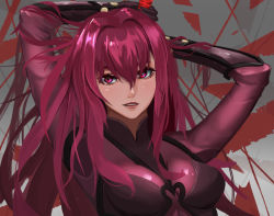 Rule 34 | 1girl, arm behind head, arms up, bodysuit, breasts, breasts apart, fate/grand order, fate (series), hair between eyes, hair intakes, long hair, looking at viewer, medium breasts, parted lips, purple bodysuit, red eyes, red hair, scathach (fate), shiny clothes, solo, talo (63078778), upper body, very long hair