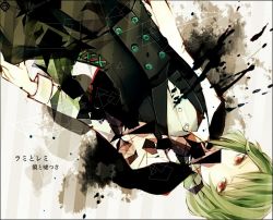 Rule 34 | 1girl, bad id, bad pixiv id, formal, green hair, gumi, loalo, looking at viewer, red eyes, short hair, solo, upside-down, vest, vocaloid