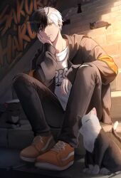 Rule 34 | 1boy, black eyes, black hair, black jacket, black pants, cat, highres, jacket, jewelry, long sleeves, male focus, multicolored hair, necklace, orange footwear, pants, rorol7865, sakura haruka (wind breaker), shirt, shoes, sitting, sitting on stairs, sneakers, solo, stairs, two-tone hair, white hair, white shirt, wind breaker (nii satoru), yellow eyes