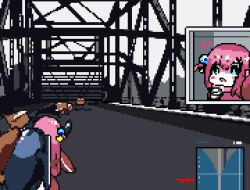 Rule 34 | 1girl, anger vein, bocchi the rock!, bridge, cube hair ornament, downvote (downvote me), gotoh hitori, hair ornament, long hair, map, meme, microphone, one side up, pewdiepie&#039;s pubg livestream n-word controversy (meme), pink hair, pink sweater, pixel art, playerunknown&#039;s battlegrounds, playing games, solo, sweater