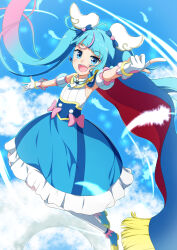 Rule 34 | 1girl, :d, ahoge, arm up, bare shoulders, blue cape, blue eyes, blue footwear, blue hair, blue skirt, blue sky, cape, cloud, cure sky, day, detached sleeves, diagonal bangs, feathers, floating hair, frilled skirt, frills, fringe trim, gradient hair, highres, hirogaru sky! precure, long hair, multicolored hair, open mouth, outdoors, outstretched arm, pantyhose, pink hair, precure, puffy short sleeves, puffy sleeves, red cape, shirt, shoes, short sleeves, skirt, sky, sleeveless, sleeveless shirt, smile, solo, sora harewataru, streaked hair, tsuyukina fuzuki, twintails, very long hair, white pantyhose, white shirt, white sleeves