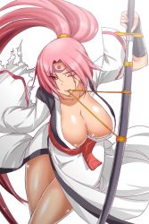 Rule 34 | 1girl, amputee, aoiakira553, baiken, breasts, cleavage, guilty gear, huge breasts, japanese clothes, katana, kimono, long hair, looking at viewer, obi, one-eyed, open clothes, open kimono, pink eyes, pink hair, ponytail, sash, scar, scar across eye, scar on face, sheath, simple background, smile, solo, sword, tattoo, unsheathing, very long hair, weapon, white background
