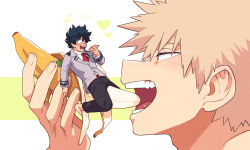 Rule 34 | 2boys, adam&#039;s apple, alarmed, bakugou katsuki, banana, barefoot, blonde hair, boku no hero academia, close-up, food, freckles, fruit, full body, green hair, hand up, heart, highres, holding, holding food, implied yaoi, looking at another, looking down, male focus, midoriya izuku, multiple boys, multiple scars, naughty face, necktie, open mouth, profile, red eyes, red necktie, riding, scar, scar on hand, scared, school uniform, short hair, size difference, spiked hair, teeth, tongue, twitter username, two-tone background, u.a. school uniform, white background, yazaki (yazakc), yellow background