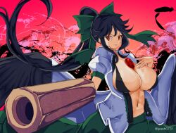 Rule 34 | 1girl, arm cannon, bird wings, black wings, bow, breasts, cape, cleavage, closed mouth, commentary request, green bow, green skirt, hair bow, huge breasts, jyaoh0731, large breasts, long hair, looking at viewer, navel, red background, red eyes, reiuji utsuho, skirt, third eye, third eye on chest, touhou, twitter username, upper body, v-shaped eyebrows, very long hair, weapon, white cape, wings