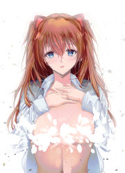 Rule 34 | 1girl, blush, breasts, censored, censored nipples, dress shirt, highres, looking at viewer, modern afro, neon genesis evangelion, shirt, small breasts, solo, souryuu asuka langley, tears
