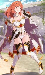 Rule 34 | 1girl, armor, bare shoulders, blue sky, blush, breastplate, breasts, cape, celica (fire emblem), cleavage, cloud, commentary request, day, dress, earrings, fingerless gloves, fire emblem, fire emblem echoes: shadows of valentia, gloves, gluteal fold, hairband, holding, holding sword, holding weapon, jewelry, large breasts, long hair, looking at viewer, nintendo, off-shoulder dress, off shoulder, open mouth, outdoors, panties, red eyes, red hair, skirt, sky, solo, sword, thighhighs, tiara, torn cape, torn clothes, torn skirt, torn thighhighs, underwear, weapon, white armor, white panties, yuuri (orz commushows)