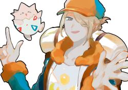 Rule 34 | 1boy, aka012060, backpack, bag, blonde hair, blue jumpsuit, closed eyes, creatures (company), fur-trimmed jumpsuit, fur trim, game freak, gen 2 pokemon, ginkgo guild uniform, grey eyes, hair bun, hair over one eye, hat, highres, jumpsuit, male focus, nintendo, open hand, open mouth, pointing, pointing up, pokemon, pokemon (creature), pokemon legends: arceus, smile, togepi, two-tone headwear, volo (pokemon), white background, yellow hat