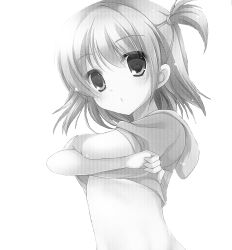 Rule 34 | 1girl, absurdres, blush, clothes lift, eyepatch, female focus, greyscale, highres, lifted by self, looking at viewer, midriff, monochrome, one side up, rinka (yuyutei), shirt lift, short sleeves, simple background, solo, tareme, white background