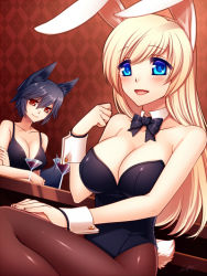 Rule 34 | 2girls, alcohol, animal ears, bare shoulders, black hair, blonde hair, blue eyes, blush, bow, bowtie, breasts, cleavage, collarbone, crossed arms, cup, detached collar, dog ears, dog tail, drink, dutch angle, fake animal ears, female focus, glass, happy, konshin, large breasts, long hair, multiple girls, open mouth, original, pantyhose, playboy bunny, rabbit ears, rabbit tail, red eyes, short hair, sitting, smile, table, tail, wine, wolf ears, wrist cuffs
