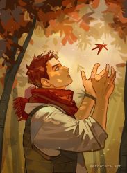 Rule 34 | 1boy, autumn, autumn leaves, black hair, brown eyes, brown hair, dappled sunlight, day, down vest, etceteraart, falling leaves, from side, haikyuu!!, highres, hood, hoodie, leaf, light particles, looking at object, male focus, maple leaf, open clothes, open vest, outdoors, reaching, sawamura daichi, scarf, short hair, sideburns, sleeves past elbows, sleeves rolled up, solo, sunlight, twitter username, upper body, vest, wristband