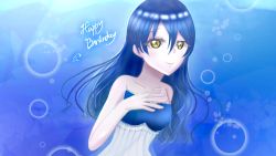 Rule 34 | 1girl, artist name, artist request, bare shoulders, blue dress, blue hair, blush, breasts, cleavage, collarbone, dress, female focus, hair between eyes, highres, long hair, looking at viewer, love live!, love live! school idol project, ocean, parted lips, seafloor, skirt, small breasts, smile, solo, sonoda umi, striped clothes, striped dress, underwater, upper body, vertical-striped clothes, vertical-striped dress, white skirt, yellow eyes