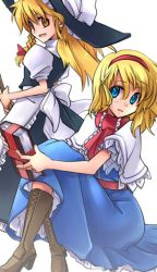 Rule 34 | 2girls, :d, alice margatroid, apron, bad id, bad pixiv id, blonde hair, blue dress, blue eyes, book, boots, broom, capelet, cross-laced footwear, dress, female focus, grimoire, grimoire of alice, hat, high heels, hip focus, hugging own legs, inuinui, kirisame marisa, looking at viewer, multiple girls, necktie, open mouth, sash, shoes, simple background, sitting, smile, standing, touhou, waist apron, white background, witch, witch hat, yellow eyes