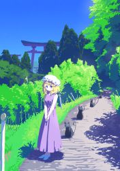 Rule 34 | 1girl, black cat, blonde hair, blue eyes, blush, bush, cat, closed mouth, commentary, day, dress, eyebrows hidden by hair, grass, hat, highres, looking at viewer, maribel hearn, medium hair, mob cap, nama udon, outdoors, own hands together, path, pole, purple dress, road, shoes, sky, solo, standing, torii, touhou, tree, v arms, white footwear, white hat, wide shot