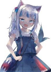 Rule 34 | 1girl, :d, animal ears, backlighting, bag, bite mark, blue eyes, blue hair, blush, cat ears, cube hair ornament, fang, fins, fish tail, gawr gura, gawr gura (casual), hair ornament, handbag, hands on own hips, hololive, hololive english, looking at viewer, medium hair, multicolored hair, nekopote, open mouth, shark tail, shoulder bag, smile, solo, stitches, streaked hair, tail, upper body, virtual youtuber, white background, white hair