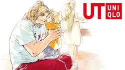 Rule 34 | 1girl, 2boys, barefoot, blonde hair, child, eliza masters, family, father and son, gouken, high ponytail, highres, holding, holding own hair, husband and wife, ken masters, logo, long hair, looking at another, mel masters, mother and son, multiple boys, official art, on floor, pants, print shirt, red pants, ryu (street fighter), shirt, street fighter, street fighter v, table, tagme, tamio, thick eyebrows, uniqlo, white shirt, yellow shirt