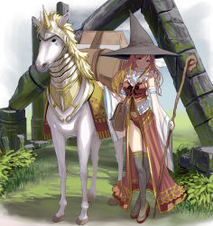Rule 34 | 1girl, armored animal, bag, blonde hair, boots, breasts, crossed legs, detached sleeves, facial mark, frills, hat, highres, holding, holding staff, kouno (masao), large breasts, long hair, looking at viewer, original, outdoors, pelvic curtain, red eyes, revision, ruins, smile, solo, staff, standing, thigh boots, thighhighs, unicorn, wide sleeves, witch, witch hat