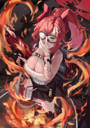 Rule 34 | 1girl, absurdres, blue archive, blue eyes, breasts, cleavage, clothes around waist, demon horns, fire, flamethrower, gloves, goggles, haruno chika (haruno381), highres, horns, large breasts, long hair, megu (blue archive), pleated skirt, pointy ears, red hair, ribbed shirt, shirt, skirt, weapon, white gloves