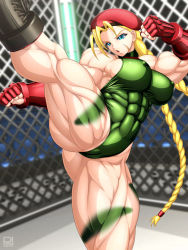 Rule 34 | 1girl, antenna hair, ass, battle, beret, blonde hair, blue eyes, braid, breasts, cameltoe, cammy white, camouflage, capcom, covered erect nipples, curvy, extreme muscles, female focus, from behind, gloves, green leotard, hat, head out of frame, height difference, highleg, highleg leotard, highres, huge ass, kicking, large breasts, leotard, lips, long hair, looking to the side, muscular, open mouth, ren (tainca2000), shiny skin, solo, street fighter, thick thighs, thighs, thong leotard, twin braids, twintails, very long hair, wide hips